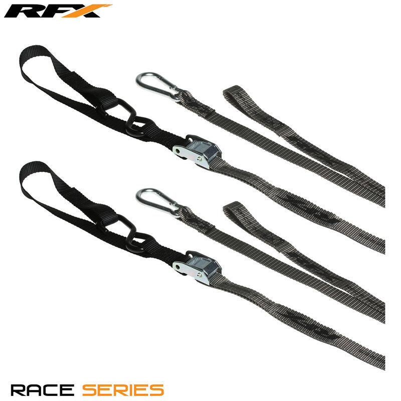 RFX Race Series 1.0 Tie Downs (Grey/Black) with extra loop & carabiner clip