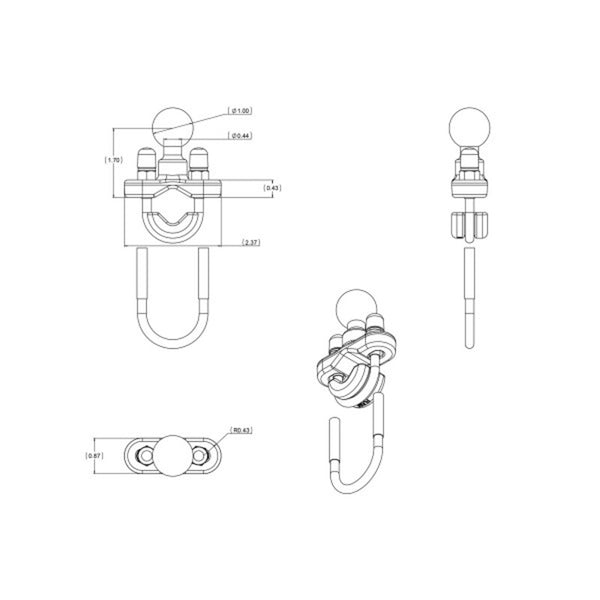 RAM MOUNTSÂ U-Bolt Rail Base Ã˜ 12.7mm to 25.4mm - B Size Ball