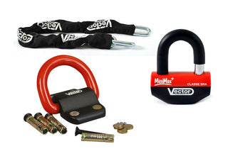 VECTOR Anti-Theft Kit - Security Chain 1.30m + MiniMax+ Padlock/Disc Lock + Ground Anchor Compac Blok
