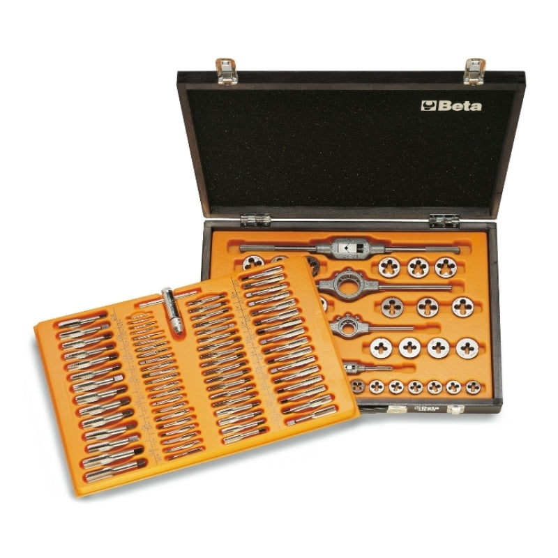 BETA 446/C110 Set of Chrome-Steel Taps & Dies, Metric Thread & Accessories Wooden box