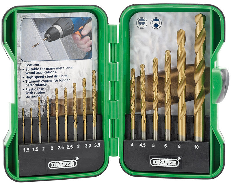 DRAPER Titanium Nitride Coated HSS Drill Bit Set 15 pieces 1 to 10mm