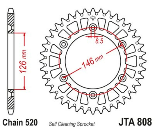 JT SPROCKETS Aluminium Ultra-Light Self-Cleaning Rear Sprocket 808 - 520 - 1096576002