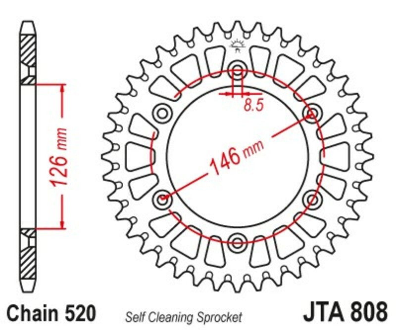 JT SPROCKETS Aluminium Ultra-Light Self-Cleaning Rear Sprocket 808 - 520 - 1096576003