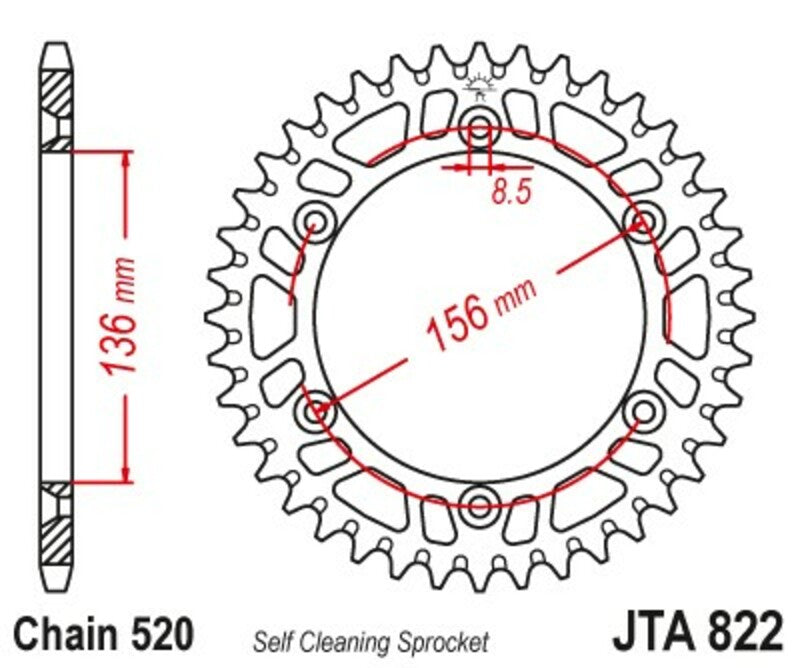 JT SPROCKETS Aluminium Ultra-Light Self-Cleaning Rear Sprocket 822 - 520 - 1096577005