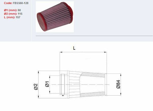 BMC Air Filter Tapered Ã˜60mm - FBSS60-128