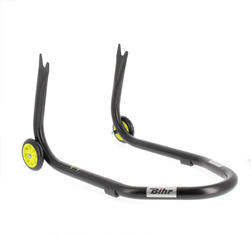BIHR Home Track Fixed Rear Paddock Stand with "V" Adapters Matt Black Yellow Wheels