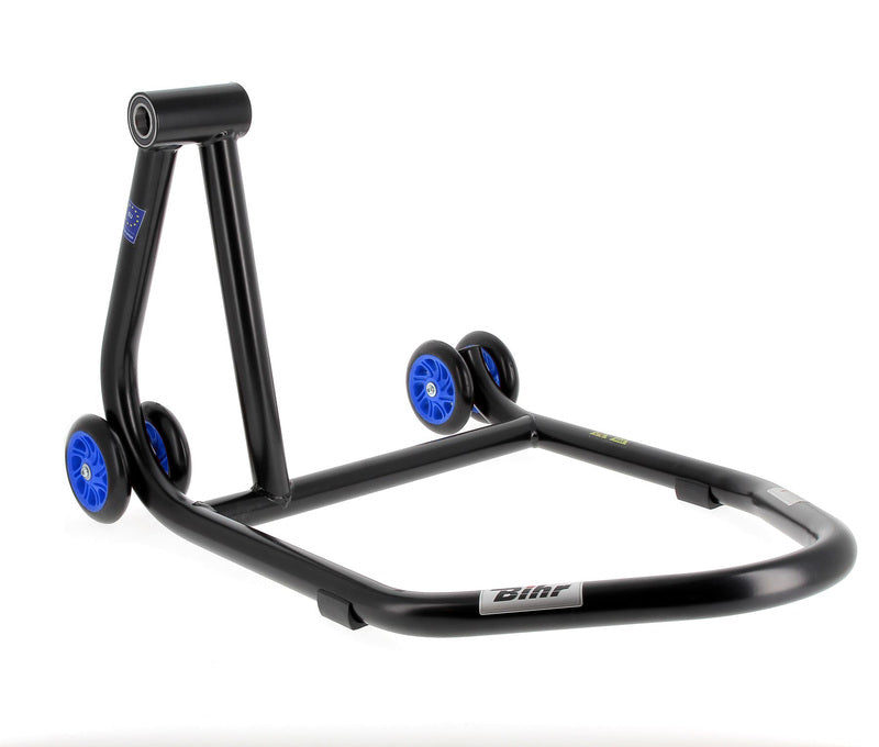 BIHR Home Track Left Single Arm Paddock Stand Matt Black Blue Wheels