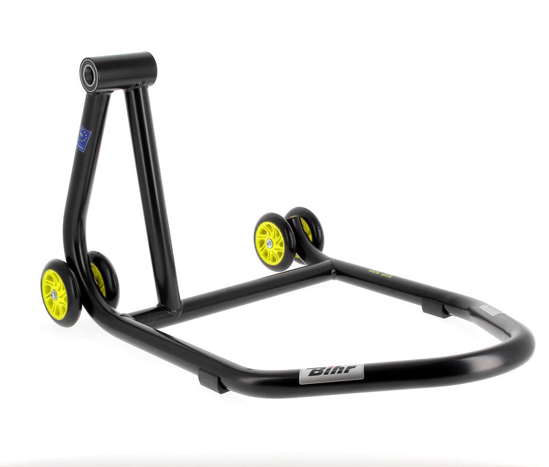 BIHR Home Track Left Single Arm Paddock Stand Matt Black Yellow Wheels