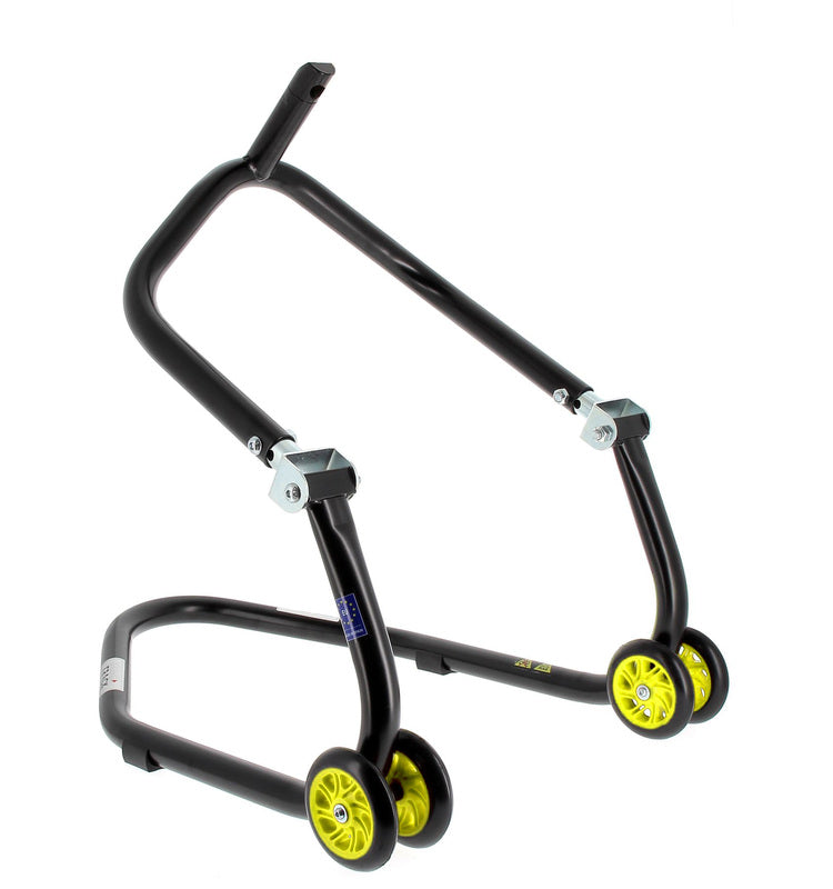 BIHR Home Track Under Triple Clamp Front Paddock Stand Matt Black Yellow Wheels