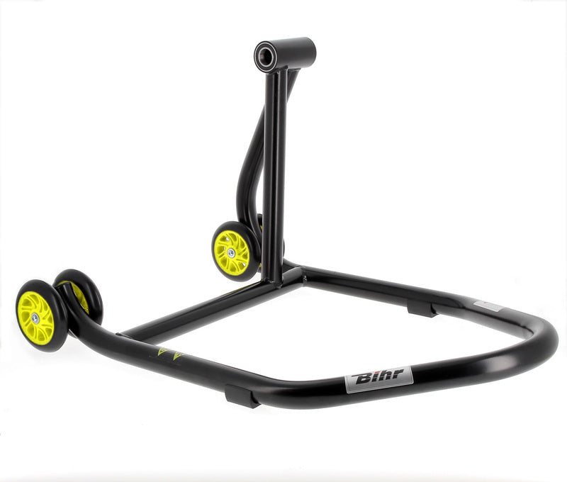 BIHR Home Track Right Single Arm Paddock Stand Matt Black Yellow Wheels