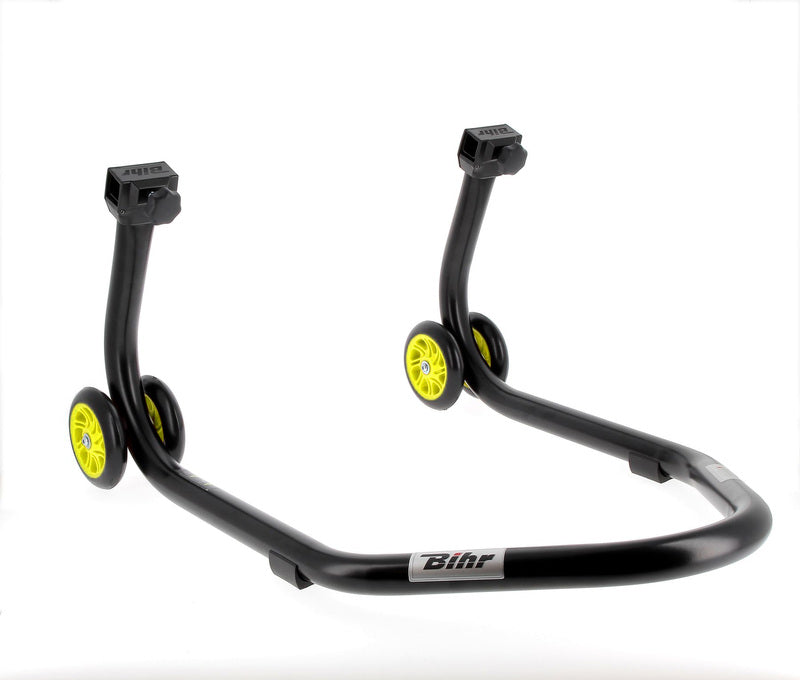 BIHR Home Track Rear Paddock Stand with "V" Adapters Matt Black Yellow Wheels