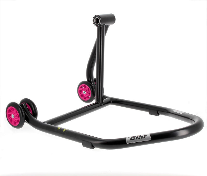 BIHR Home Track Right Single Arm Paddock Stand Matt Black Pink Wheels