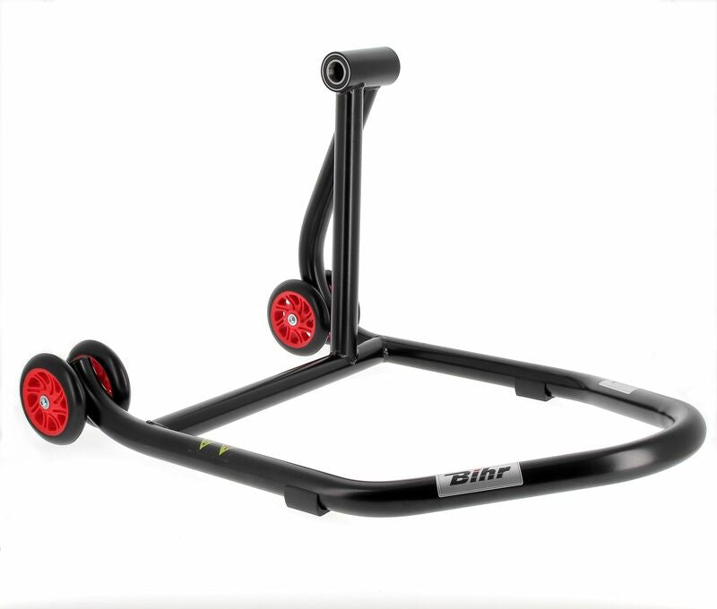 BIHR Home Track Right Single Arm Paddock Stand Matt Black Red Wheels