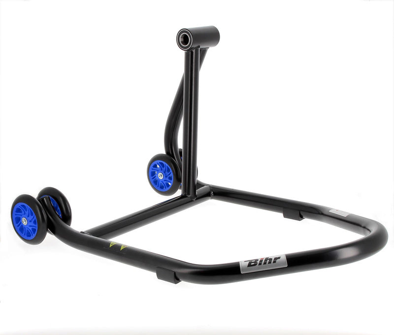 BIHR Home Track Right Single Arm Paddock Stand Matt Black Blue Wheels