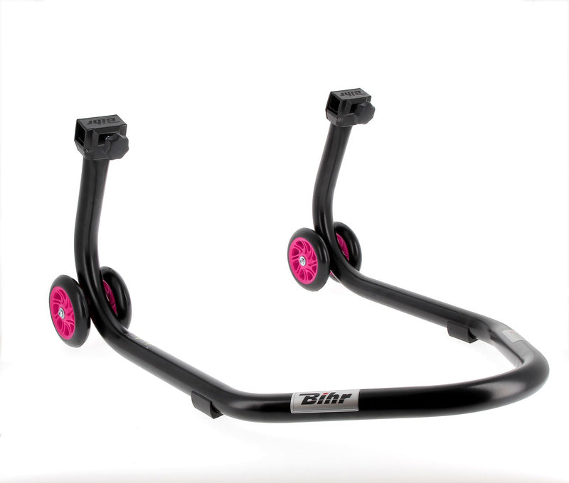 BIHR Home Track Rear Paddock Stand with "V" Adapters Matt Black Pink Wheels