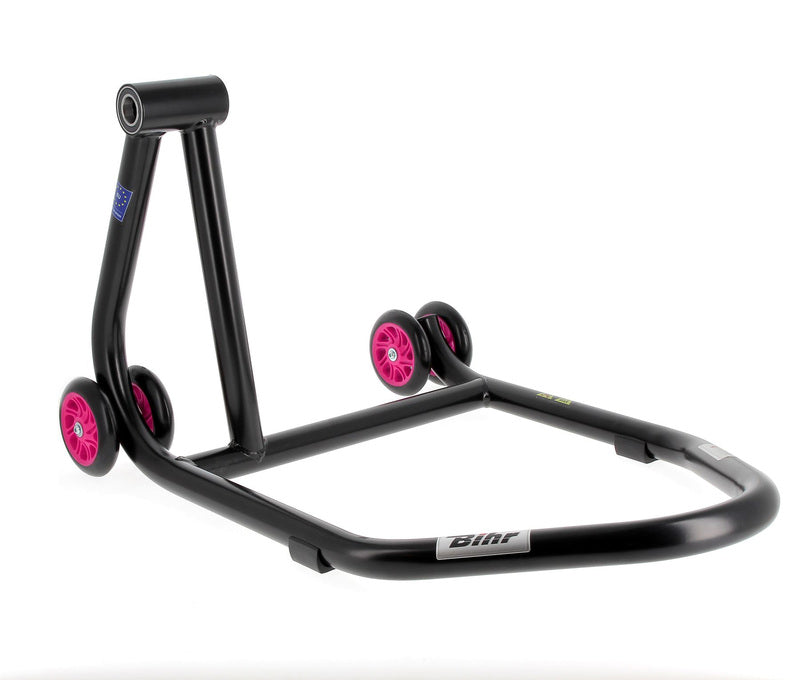 BIHR Home Track Left Single Arm Paddock Stand Matt Black Pink Wheels