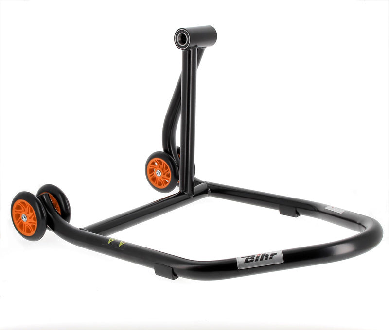BIHR Home Track Right Single Arm Paddock Stand Matt Black Orange Wheels