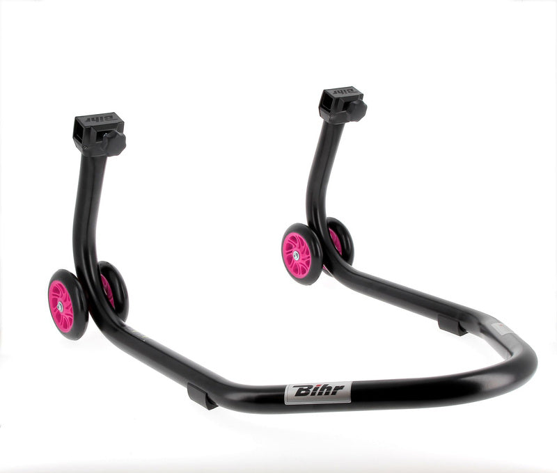 BIHR Home Track Rear Paddock Stand with "L" Adapters Matt Black Pink Wheels