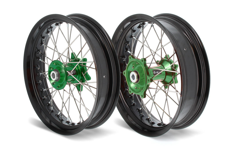 ART SM Complete Front + Rear Wheel 17x3,50/17x4,50 Black Rim/Green Hub Kawasaki - 3033522